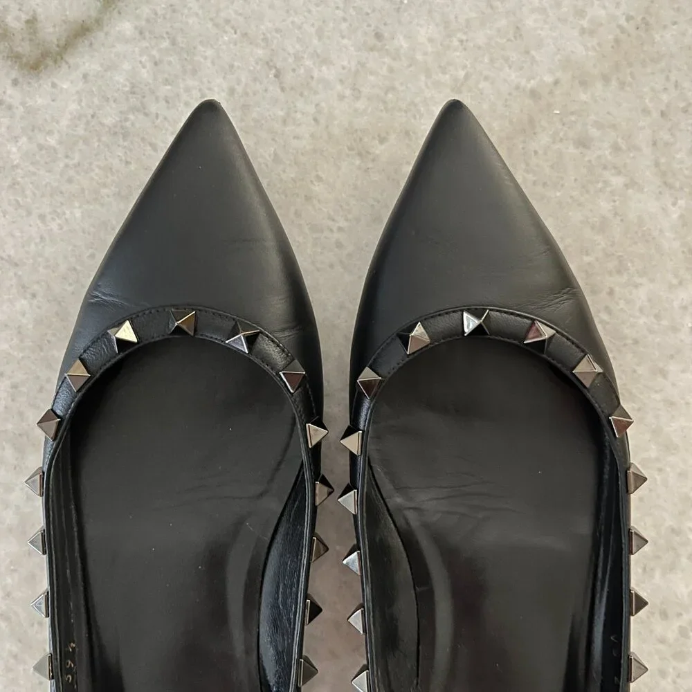 Valentino Garavani Rockstud Black Leather Pointed Toe Ballet Flats, Size 9.5 - Picture 4 of 6